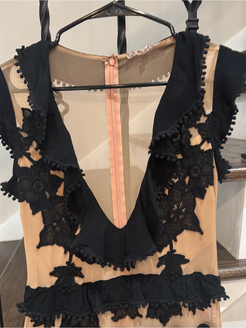 For Love & Lemons Black Nude Illusion Mesh Floral Appliqué Tiered Dress - Picture 3 of 7